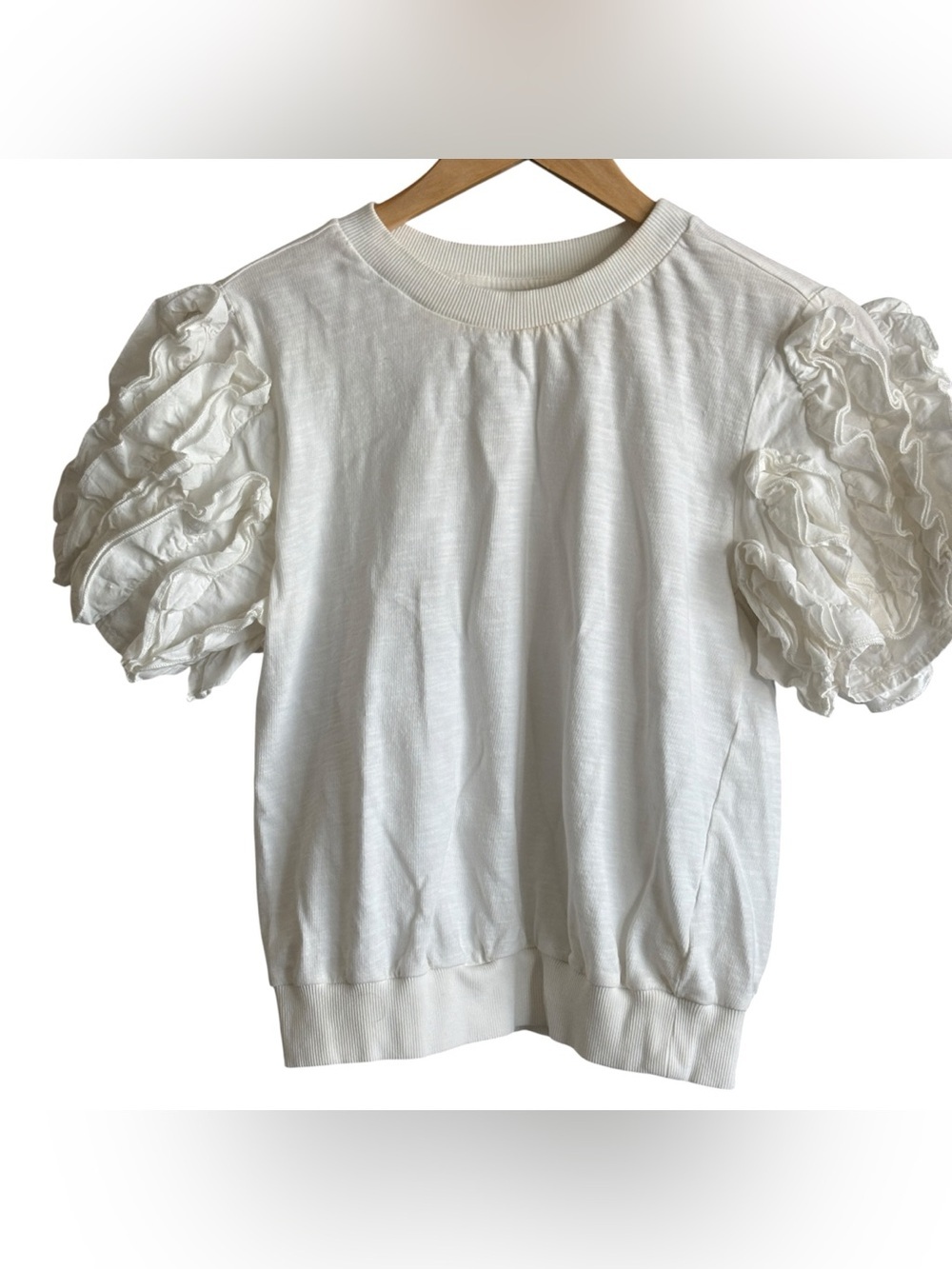 Maeve Anthropologie White Ruffle Sleeve Top Blouse Size Small Short Sleeve